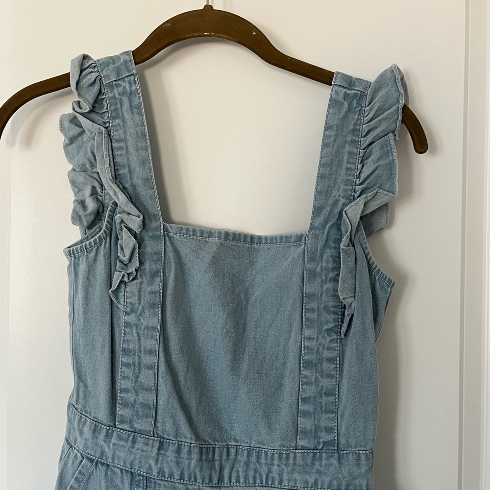 Japna Ruffled Sleeve Denim Chambray Mini Dress with Pockets - Size XS - Picture 4 of 6